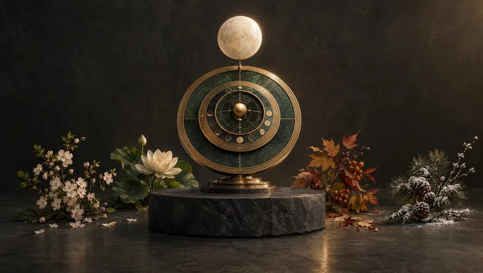 Gold and jade concentric rings with a moon sphere and seasonal plants