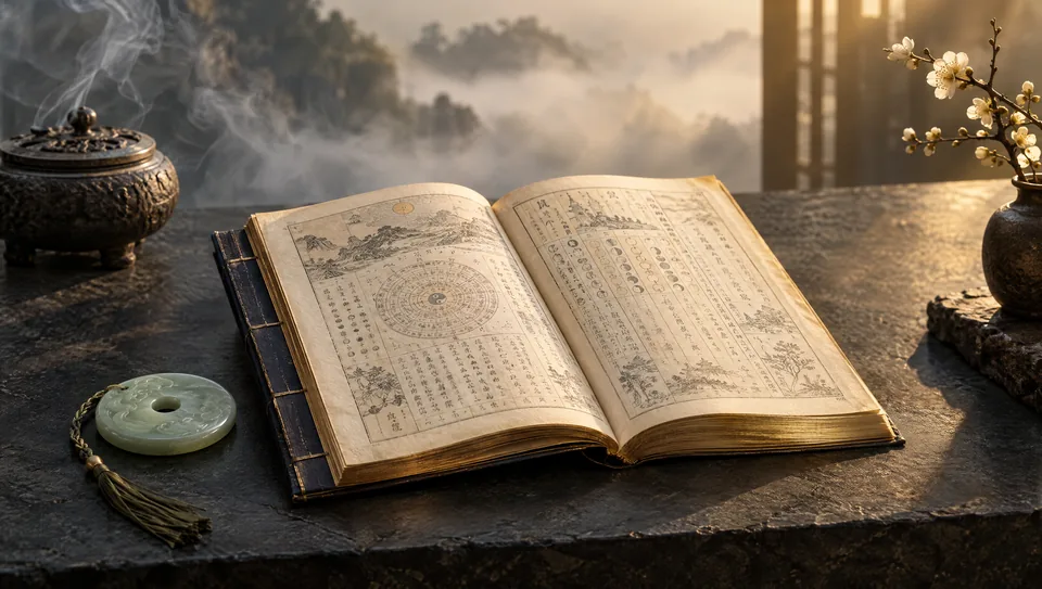 Chinese almanac with a jade disc in warm golden light