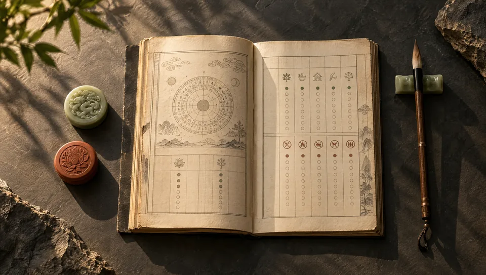 Almanac pages with jade and terracotta seals on a dark desk